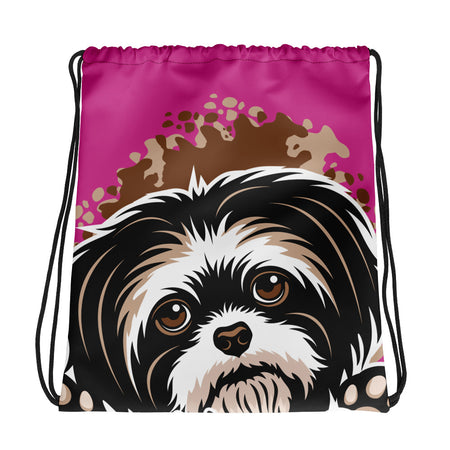 DRAWSTRING BAG - SHIH TZU -SHOULDER STRAPS - HOT/PINK - AHOE