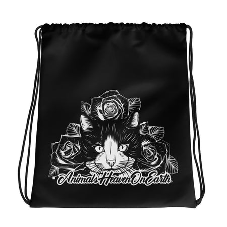 DRAWSTRING BAG - CAT - SHOULDER STRAPS - BLACK - AHOE