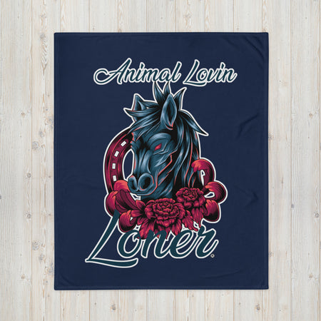 BLANKET - SOFT SILK TOUCH THROW - NAVY/BLUE - HORSE - ALLoner