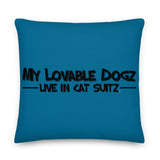 PILLOW - DESIGN BOTH SIDES/WASHABLE CASE - BLUE - DOG(Z) IN CAT SUIT(Z)